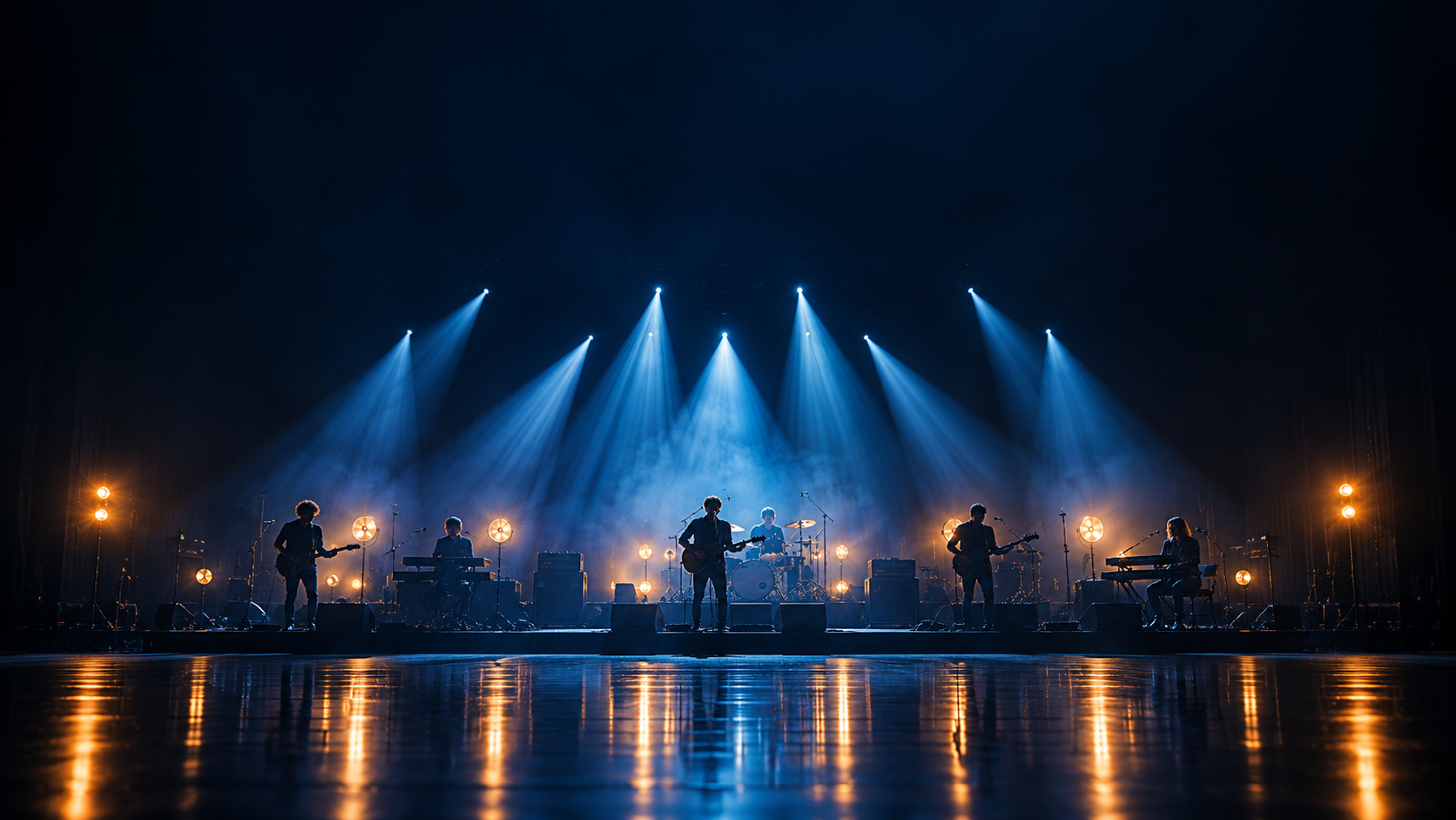 A band under blue stage lights with warm reflections across the floor.