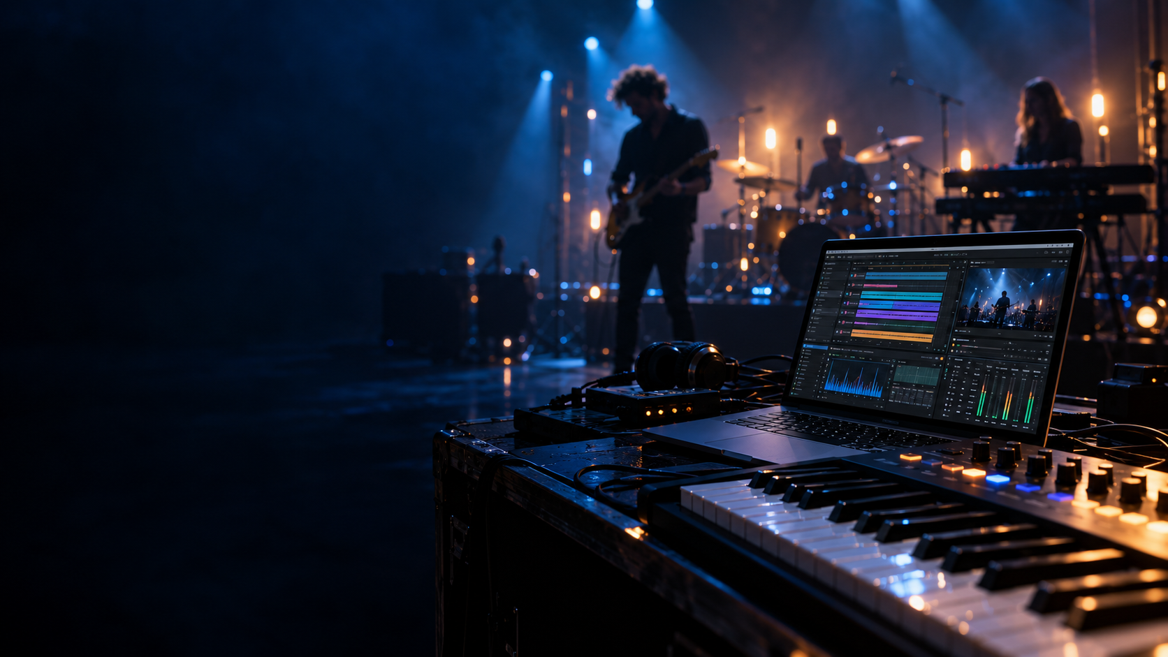 A music performance in blue and amber light, with a laptop and keyboard beside the stage.